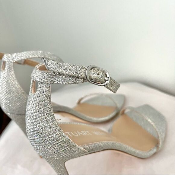 Stuart Weitzman's Nudistcurve Shimmery Ankle Strap Sandals Silver Size 6.5B NIB - Picture 12 of 14